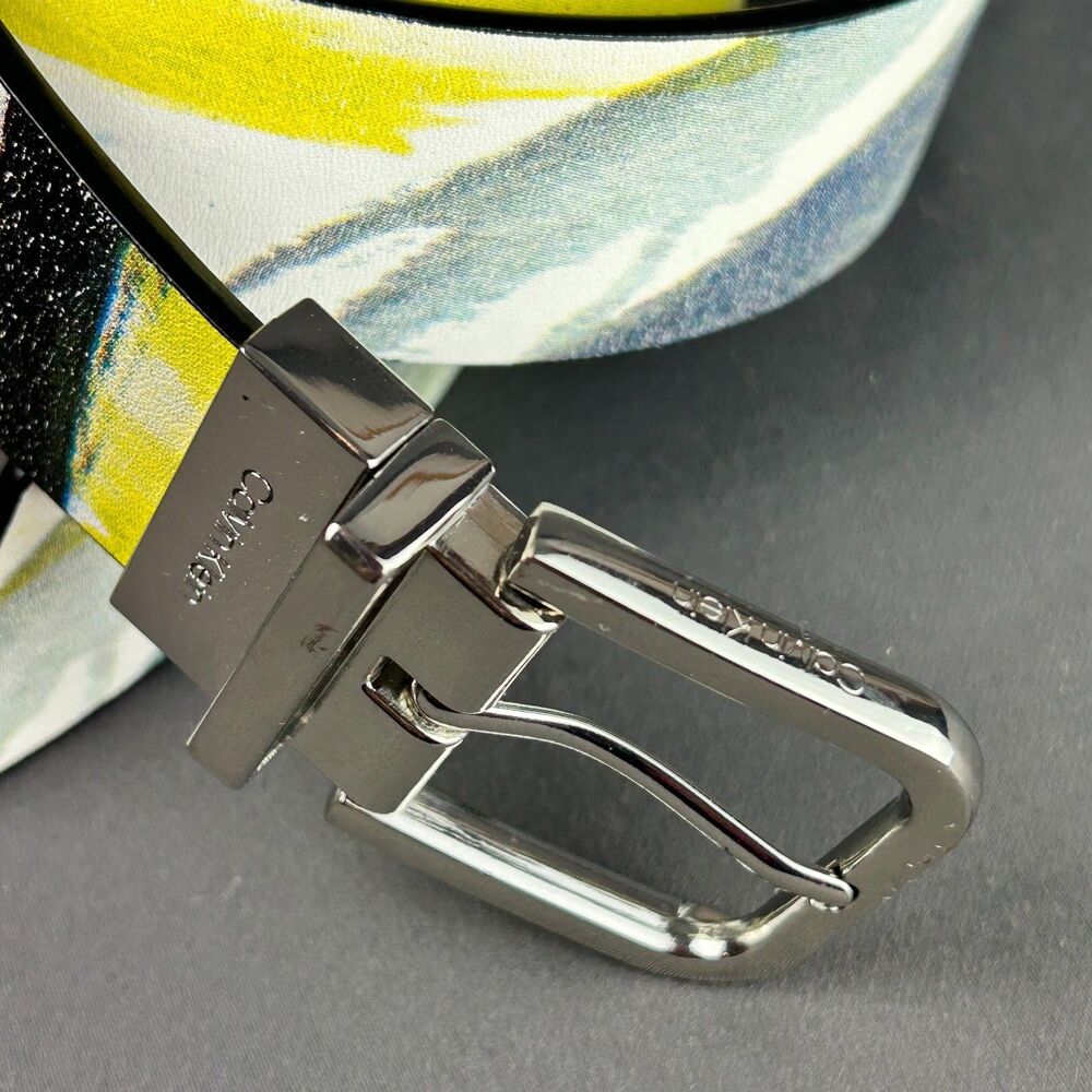 Calvin Klein Leather 1.25" White Yellow Graphic Belt Size L Silver Tone Buckle - Picture 4 of 16